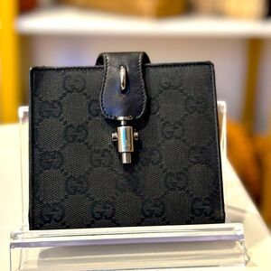 GUCCI Jackie GG Canvas Bi-Fold Wallet Leather Black